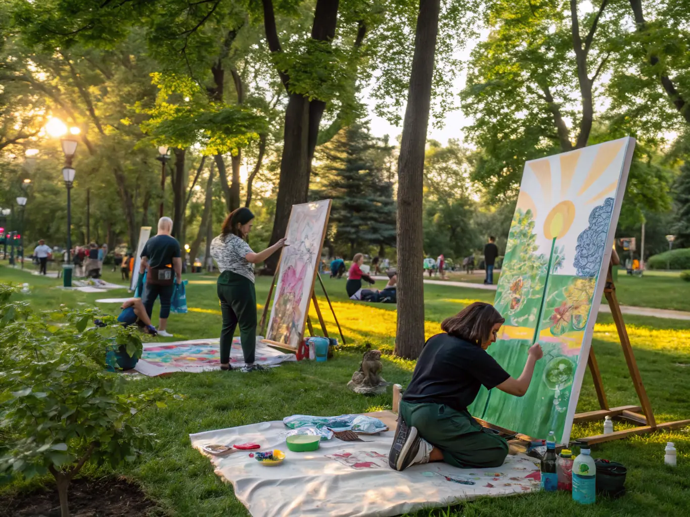 A diverse group of artists working together on a collaborative art installation in a public space, highlighting the community engagement aspect of the collaborative projects.