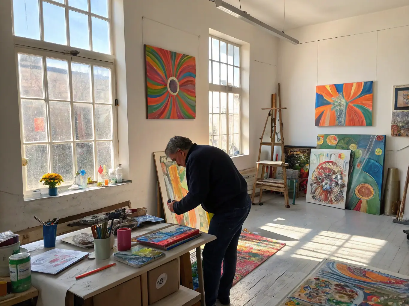 A brightly lit studio space with an artist working on a large-scale painting, surrounded by various art supplies and tools, showcasing the creative environment of the artistic residency program.