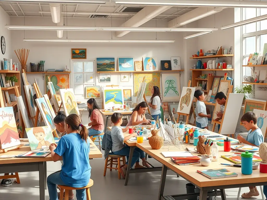 An image of artists working collaboratively in the Hangar Ataraxie space, surrounded by creative tools and vibrant lighting, capturing the spirit of experimentation.