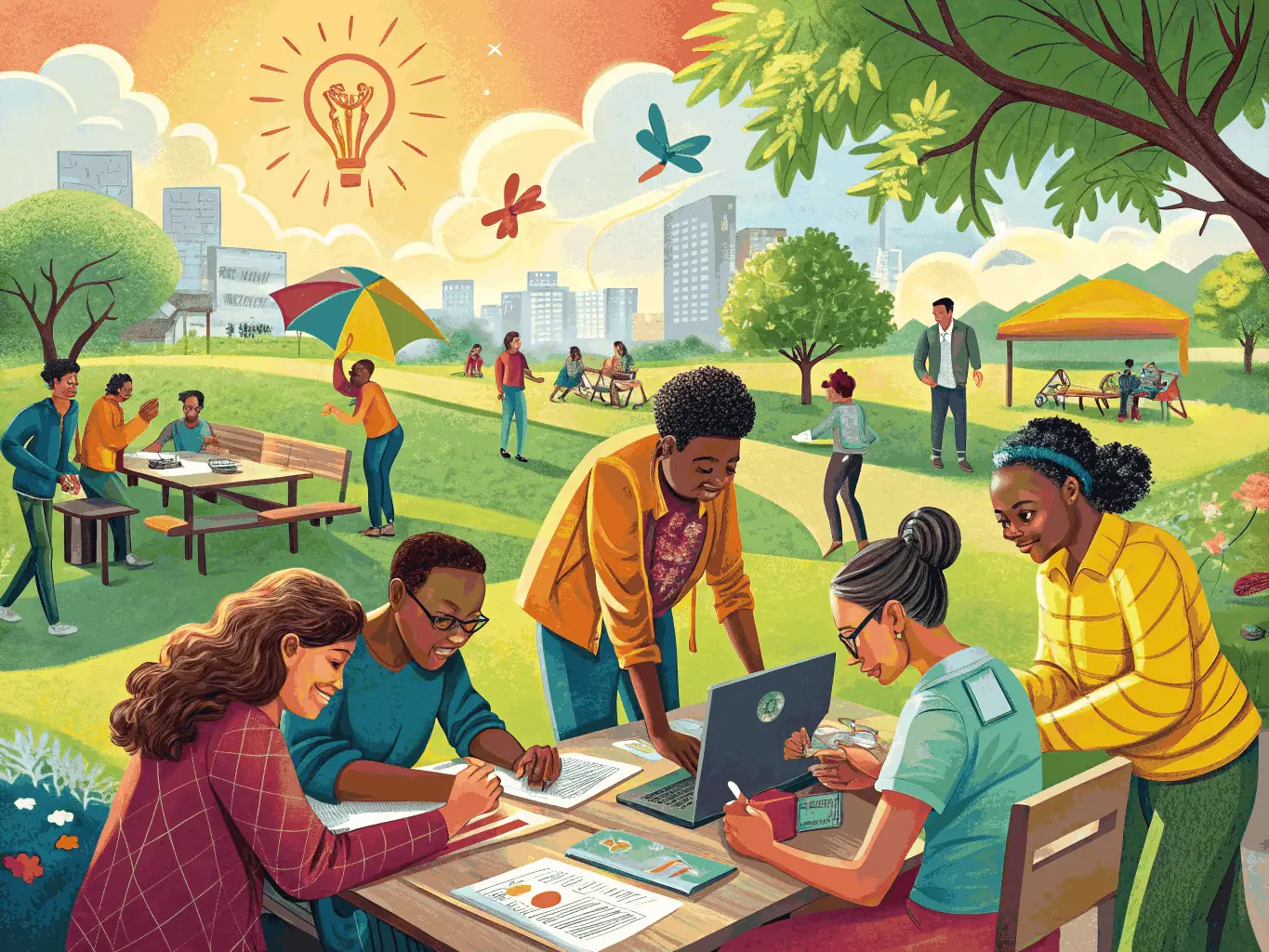 A vibrant image capturing a community arts project, with participants of all ages collaborating on a large-scale mural.