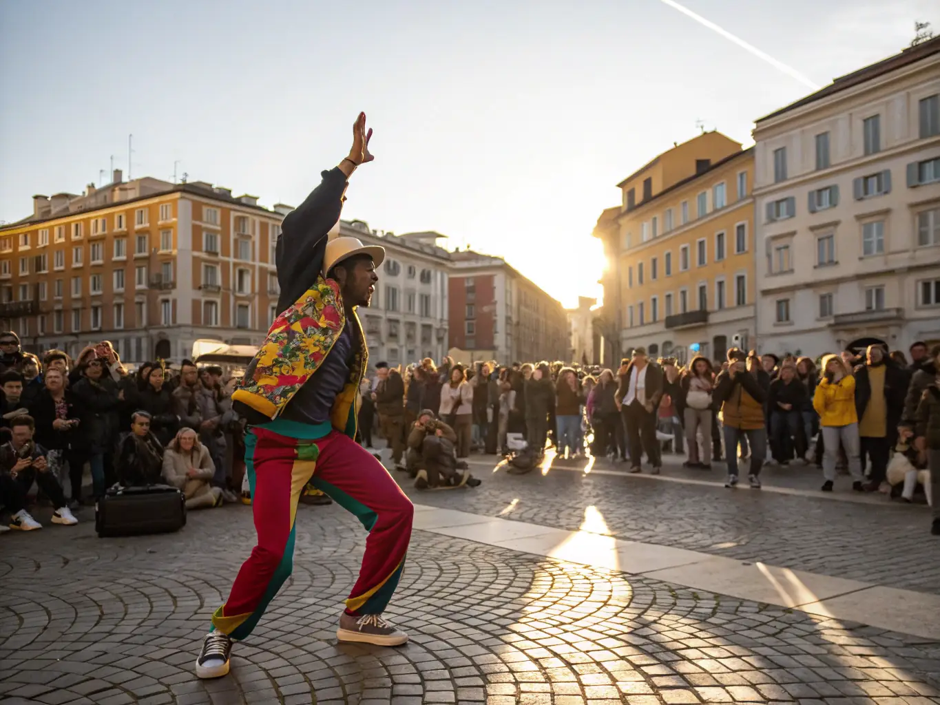 A photograph capturing a dance performance in a public square, showcasing the energy and community engagement fostered by COMPAGNIE ALIXM's outreach programs.