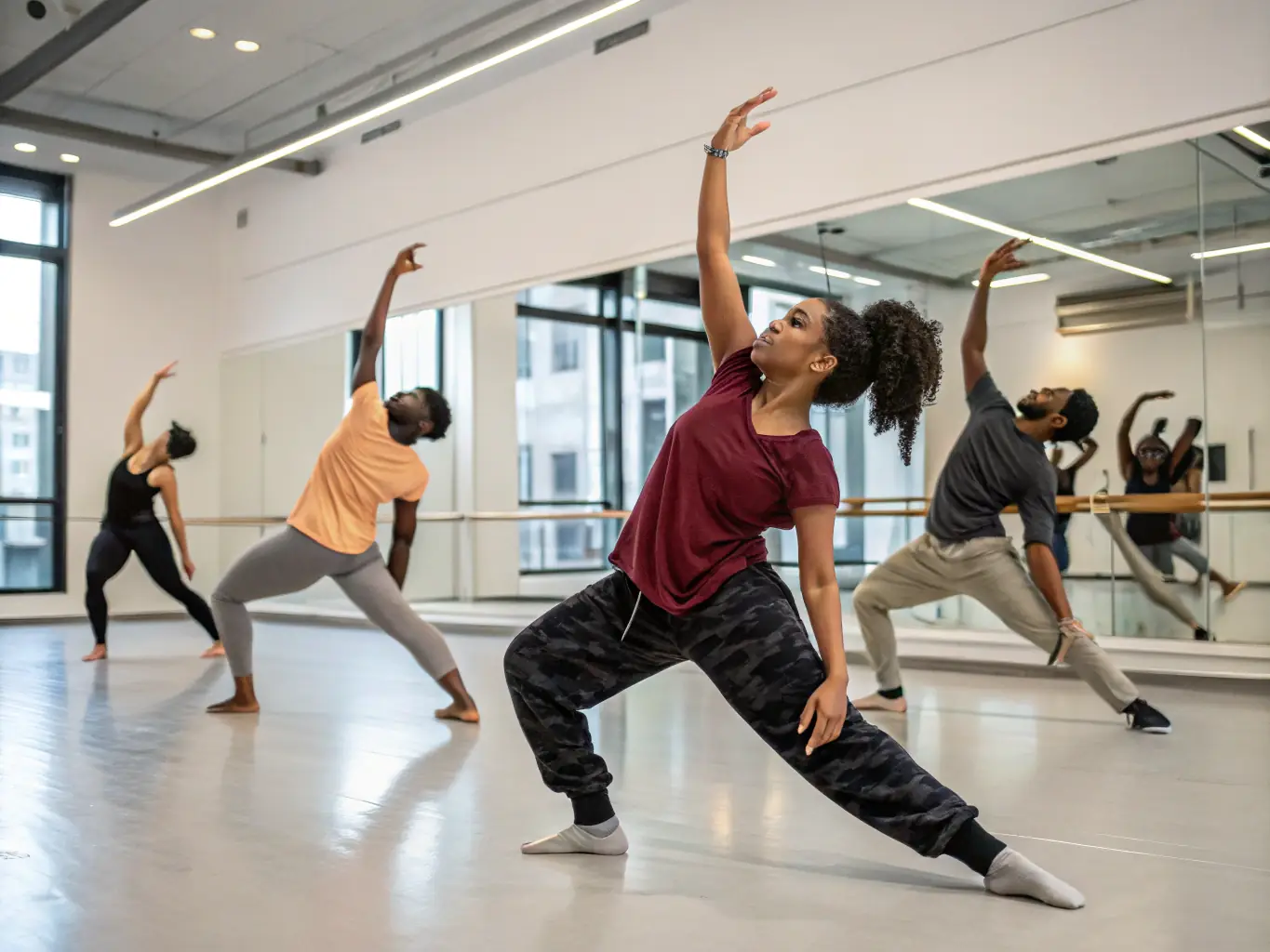 A group of participants actively engaged in a contemporary dance workshop, led by an experienced instructor, demonstrating the dynamic and interactive nature of the workshops.
