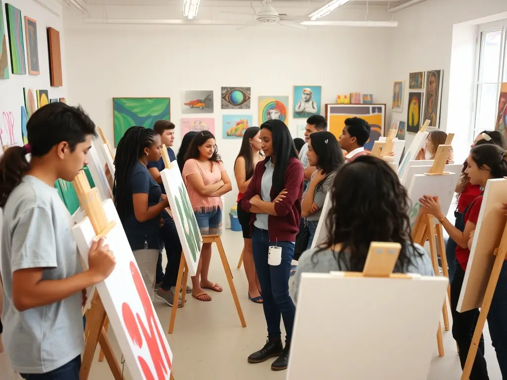 A photo of a workshop in progress, with participants actively engaged in creating art under the guidance of experienced instructors, highlighting COMPAGNIE ALIXM's commitment to arts education.