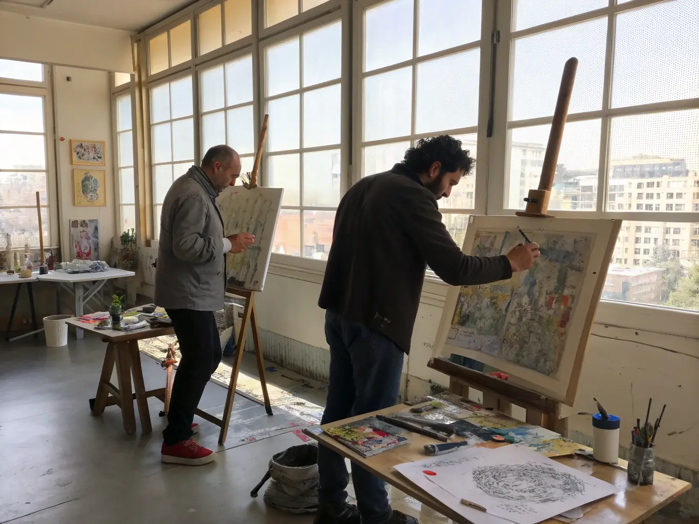 A photo of artists working in a residency program, showcasing the creative process and collaborative environment.